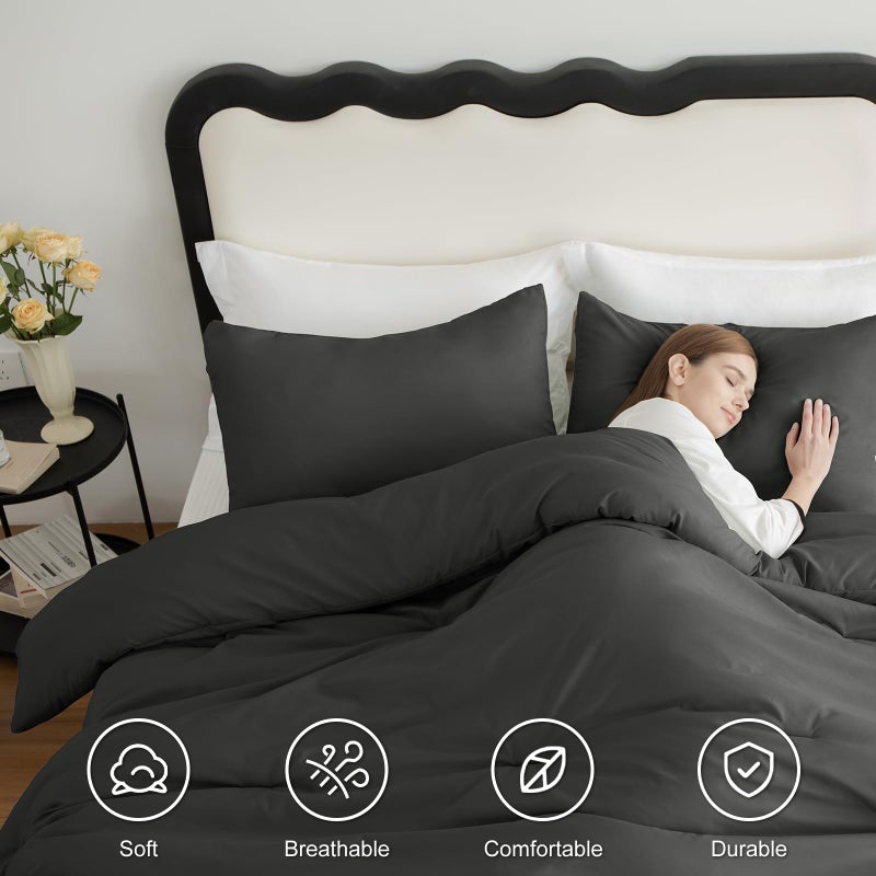 CozyLux طقم لحاف CozyLux Queen باللون الرمادي الداكن 3 قطع بلون رمادي داكن مسامي ومبطن بنمط مبطن أطقم سرير فاخرة ناعمة من الألياف الدقيقة لحاف بديل لجميع المواسم (1 لحاف و2 كيس وسادة) - Image 5